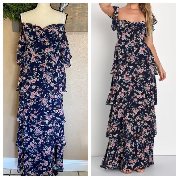 NWOT Lulus Charming Passion Navy Blue Floral Off-the-Shoulder Maxi Dress - Picture 6 of 11